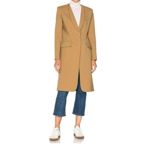 Smythe Skinny Lapel Wool Coat Mid Length Button Closure Size 6 Camel - Picture 10 of 11